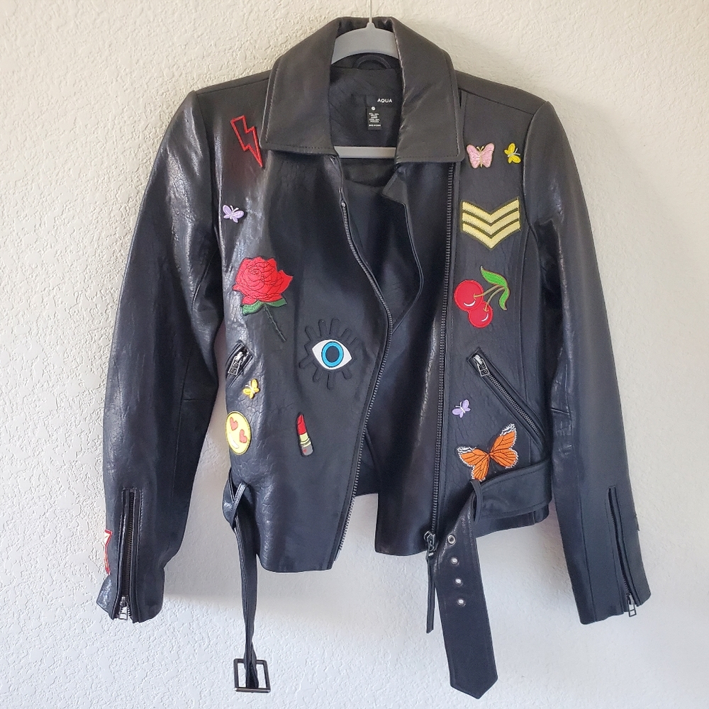 Aqua black retro emoji patches moto leather jacket